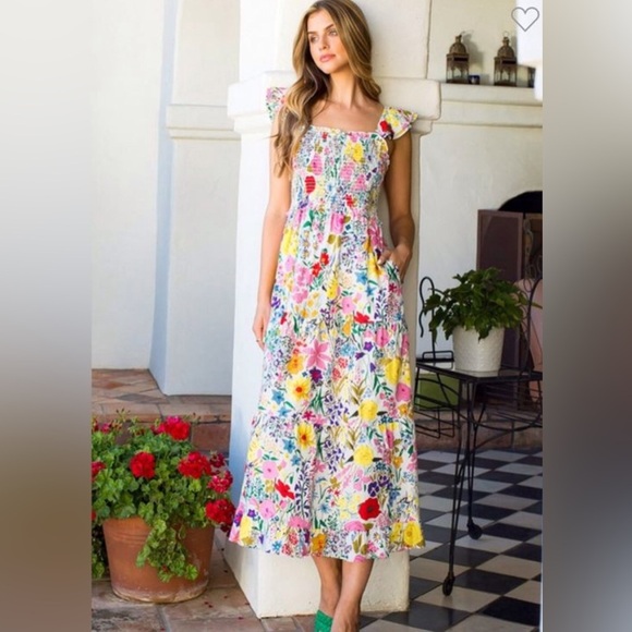 Anthropologie Dresses & Skirts - NWT! Anthropologie THML Floral Maxi Smocked Bodice Dress with Ruffle Sleeves